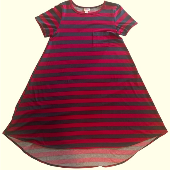 Lularoe Carly Dress Size Medium Red Green Striped Short Sleeve Chest Pocket - Picture 2 of 10